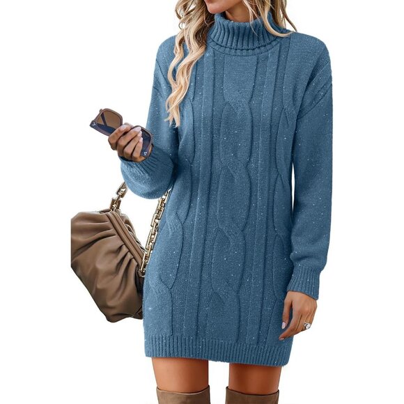 Dresses & Skirts - Women's Long Sleeve Turtleneck Sweater Dresses Ribbed Knit Midi Dress Blue